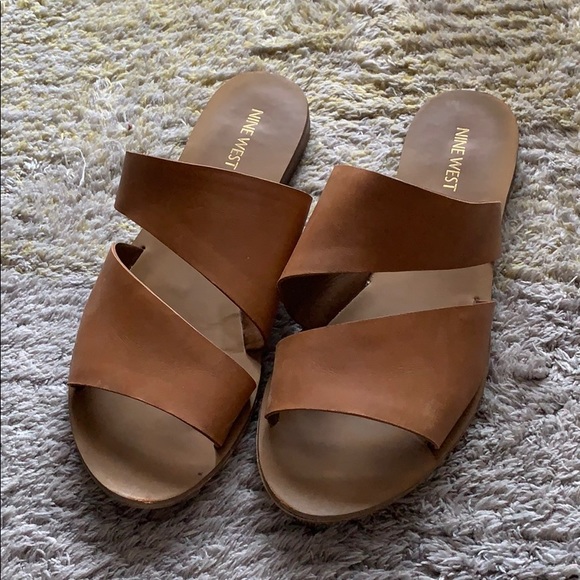 Nine West Shoes - Nine West Assymetrical Brown Flat Leather Sandals